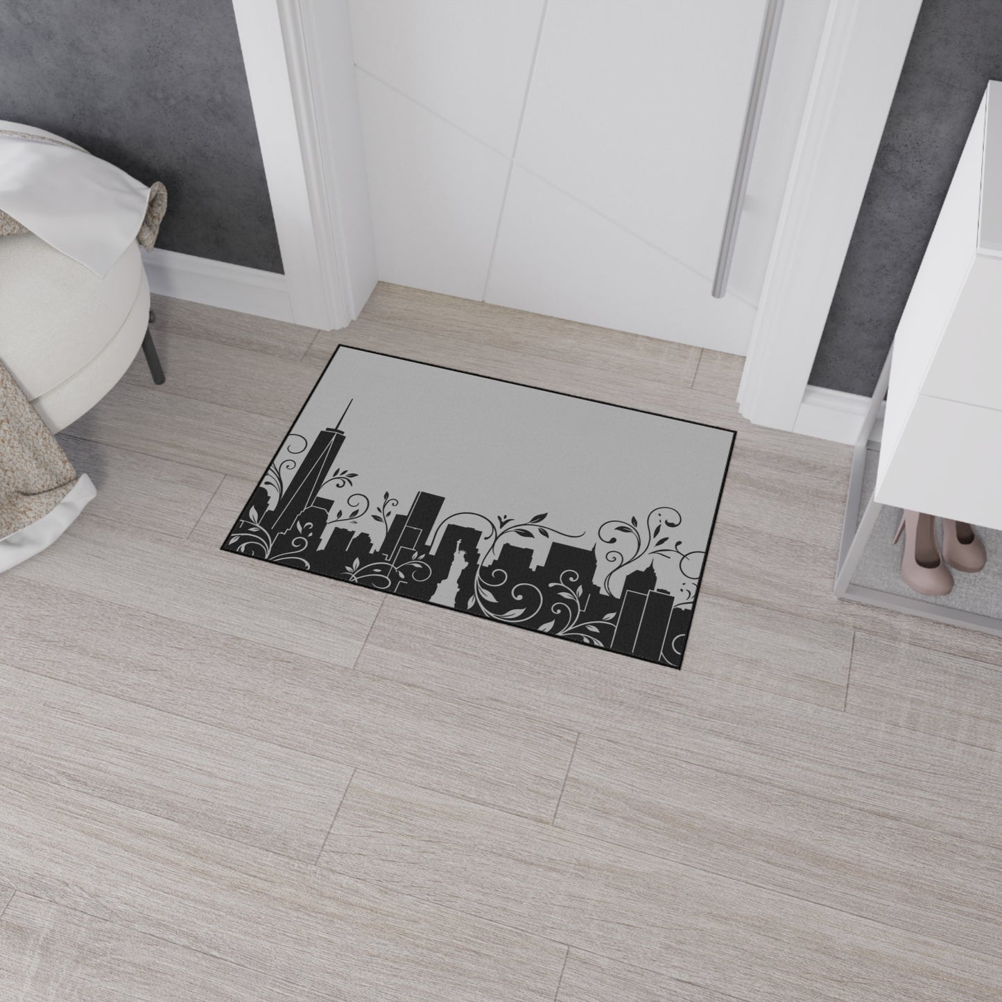 City Skyline Heavy-Duty Floor Mat — Black Urban Floral Door Rug