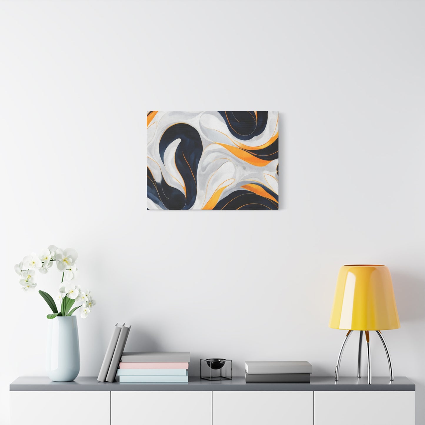 Abstract Fluid Art Matte Canvas Print — Navy, Gold & White Stretched Wall Art