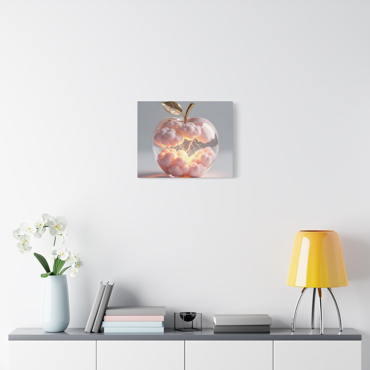 Surreal Glass Apple Canvas – Lightning & Pink Clouds Wall Art