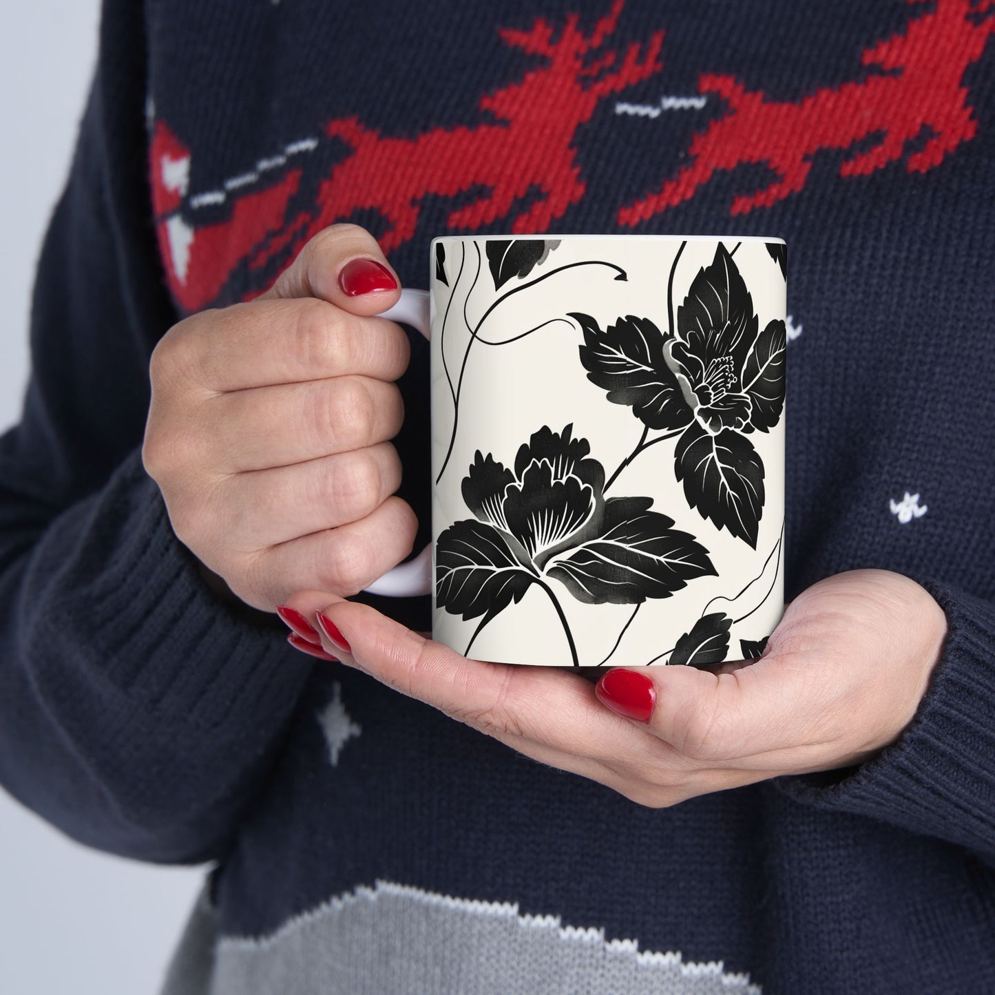 Black Floral Ceramic Mug — Monochrome Vintage Flower Coffee Cup (11oz & 15oz)