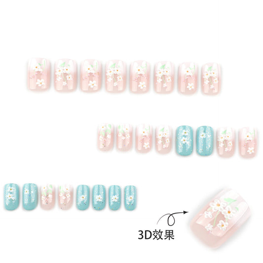 3D fresh flower manicure medium and long white gradual change press on nails fake nail square press on nails – Image 2