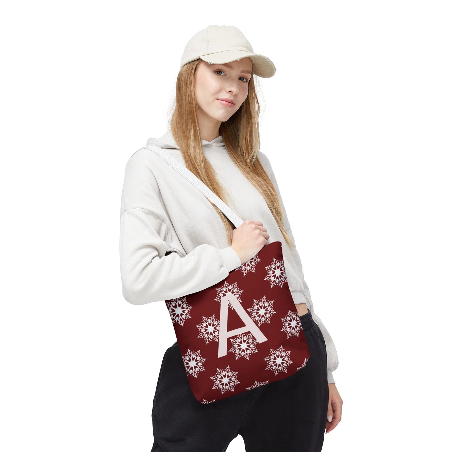Monogram A Snowflake Tote Bag — Personalized Holiday AOP Tote