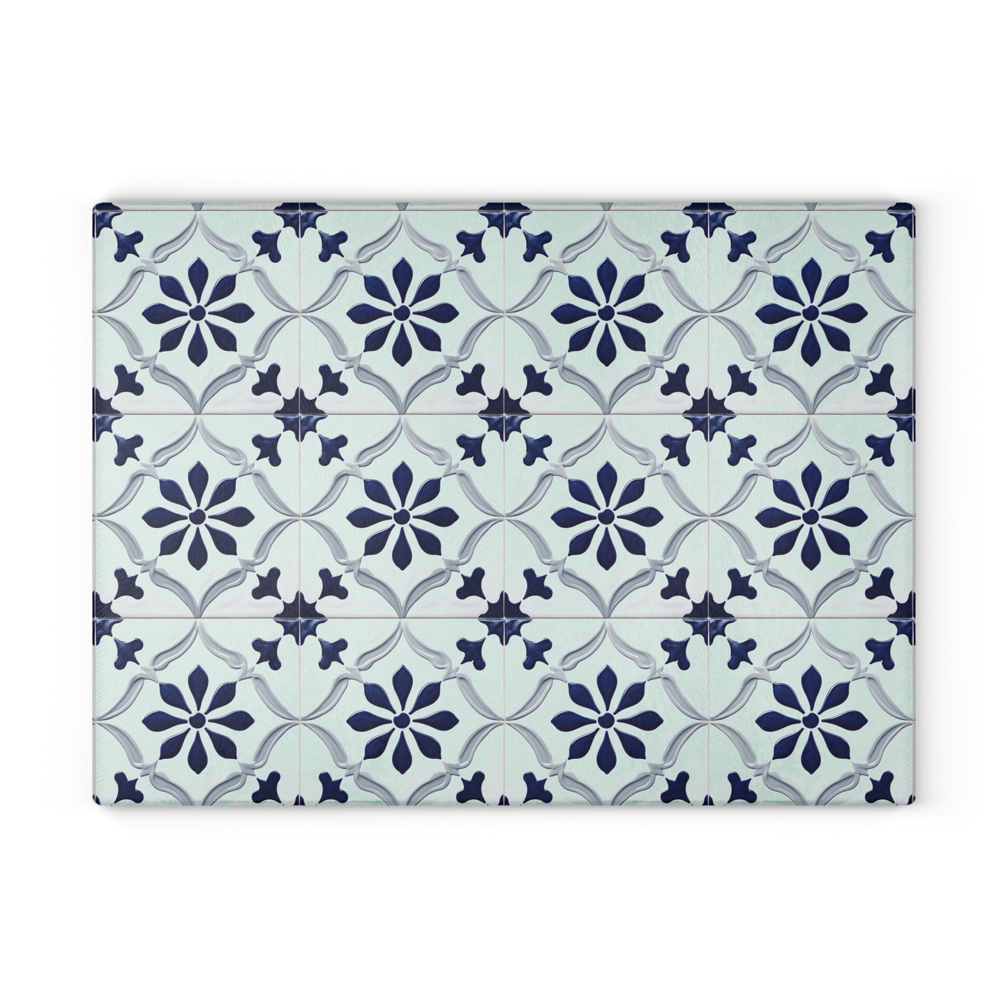 Floral Tile Glass Cutting Board — Blue Patterned Kitchen Trivet