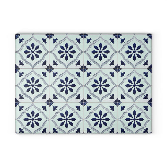 Floral Tile Glass Cutting Board — Blue Patterned Kitchen Trivet
