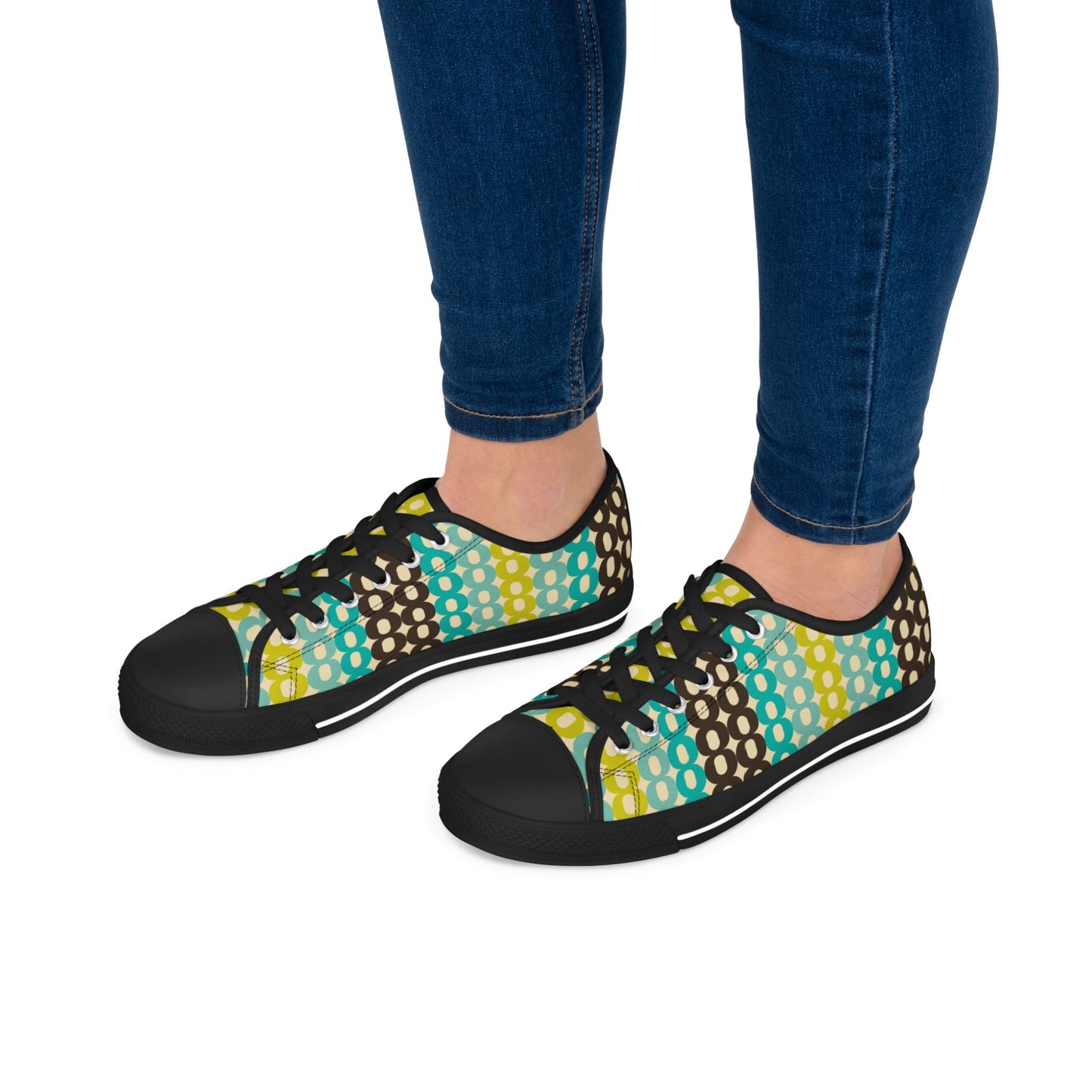 Retro Polka Chain Low Top Sneakers — Teal, Lime & Chocolate Patterned Women’s Shoes