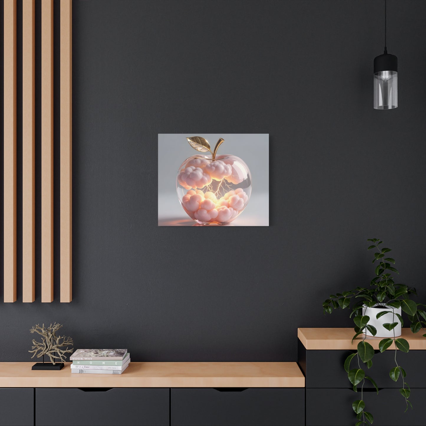 Surreal Glass Apple Canvas – Lightning & Pink Clouds Wall Art