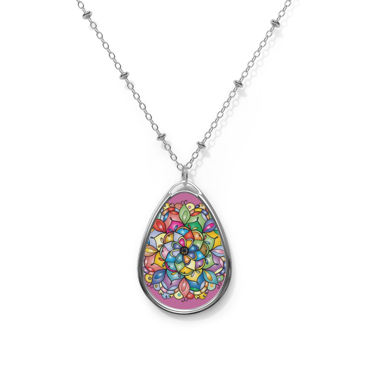 Colorful Mandala Oval Necklace, Bohemian Jewelry, Artisan Pendant