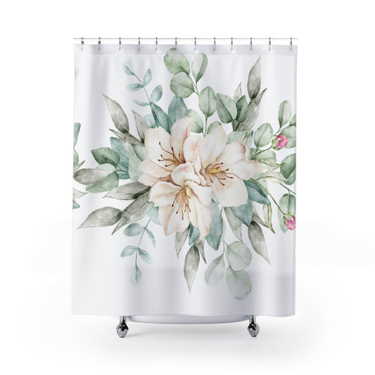 Floral Watercolor Shower Curtain — Soft Peony & Eucalyptus Bathroom Decor