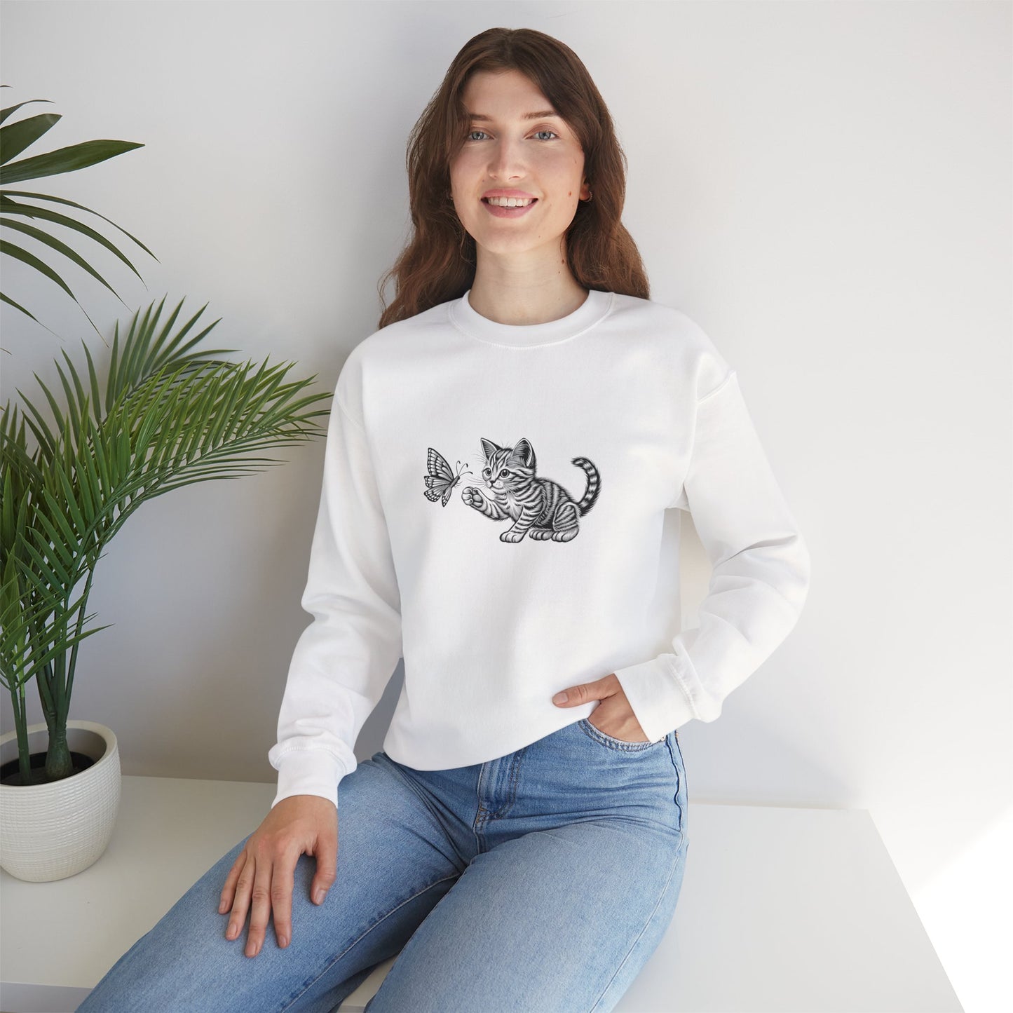 Kitten Butterfly Sweatshirt, Cozy Crewneck with Cat Art, Perfect Gift for Animal Lovers, Cute Sweatshirt for Relaxation & Everyday Wear