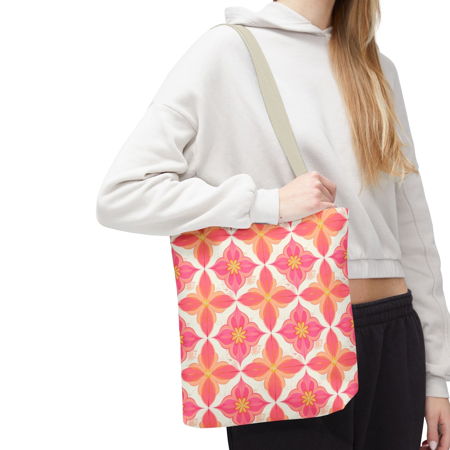 Pink Floral Geometric Tote Bag — All-Over Print Reusable Shopper