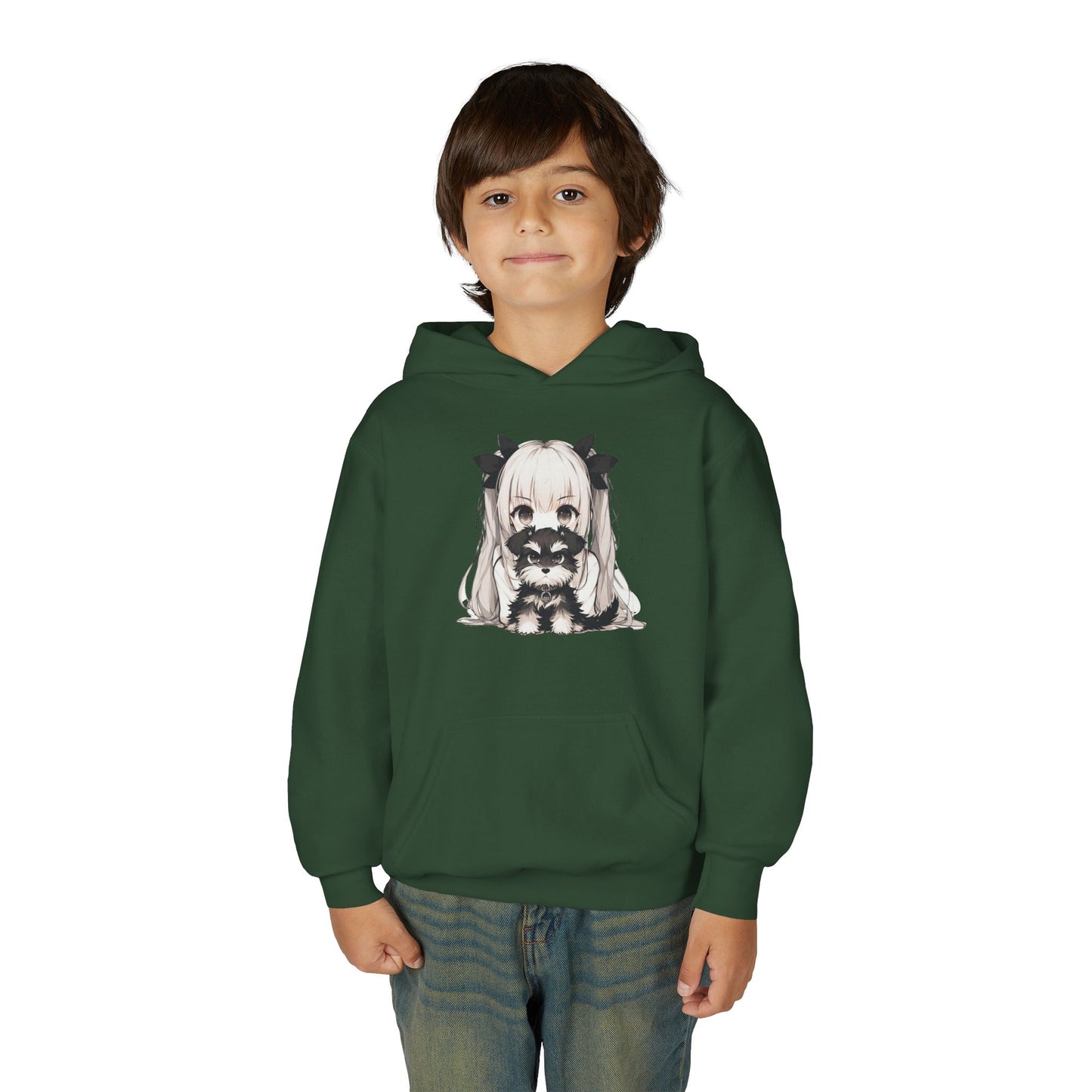 Cute Anime Girl & Puppy Youth Hoodie — Kawaii Kids Pullover for Anime Fans