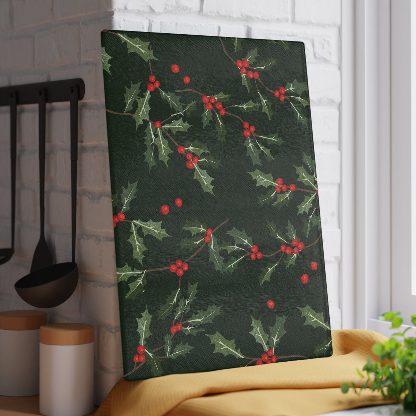 Holly Berry Glass Cutting Board - Festive Christmas Kitchen Decor