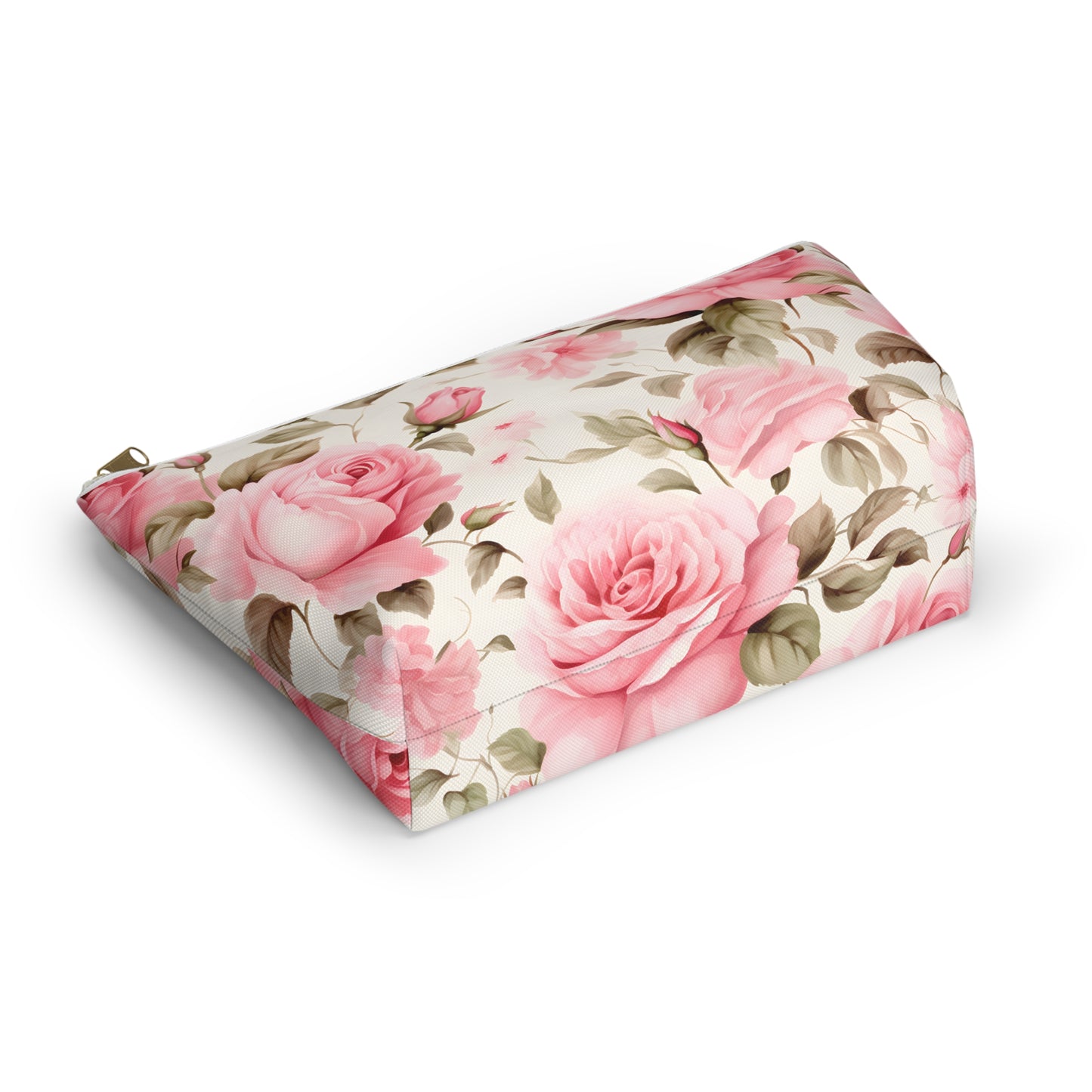 Floral Rose Accessory Pouch - Pink Vintage Cosmetic Bag with T-Bottom