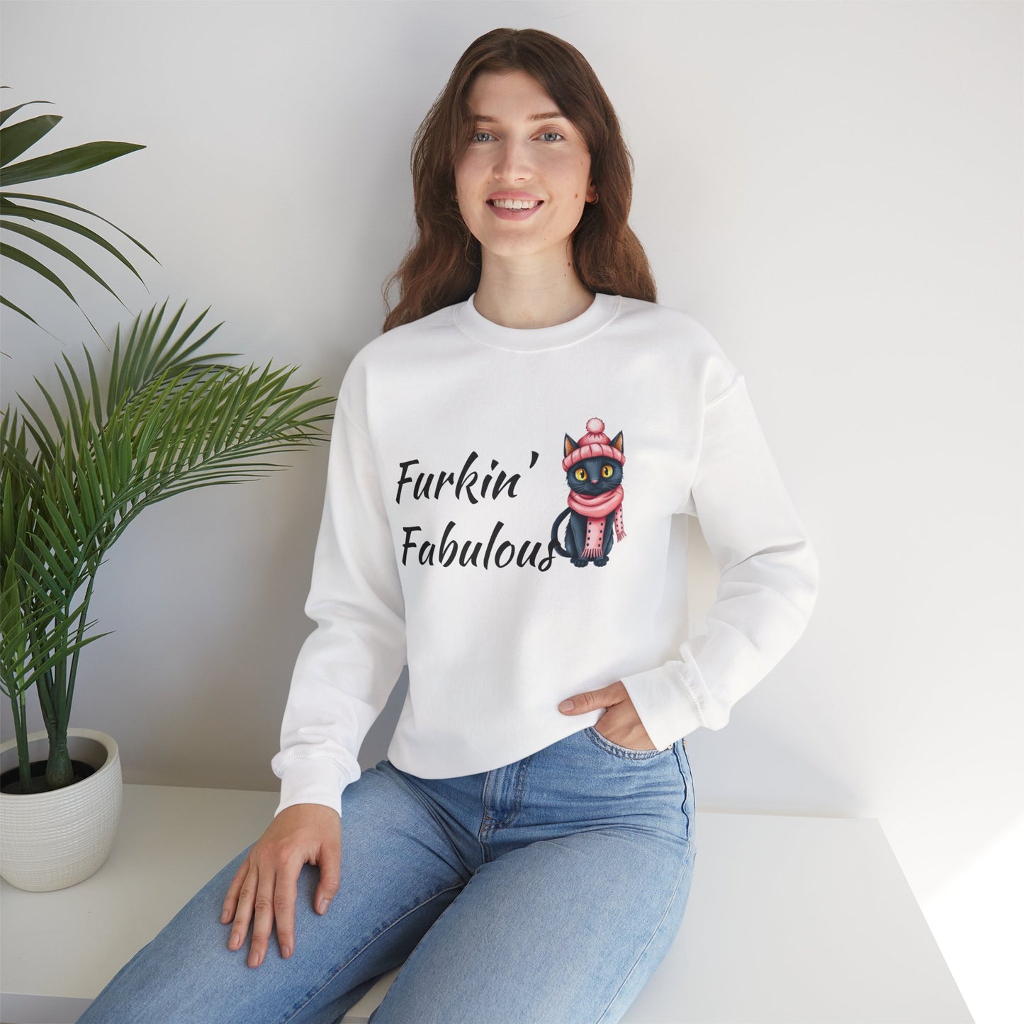 Crewneck Sweatshirt — "Furkin' Fabulous" Cute Black Cat in Pink Hat & Scarf