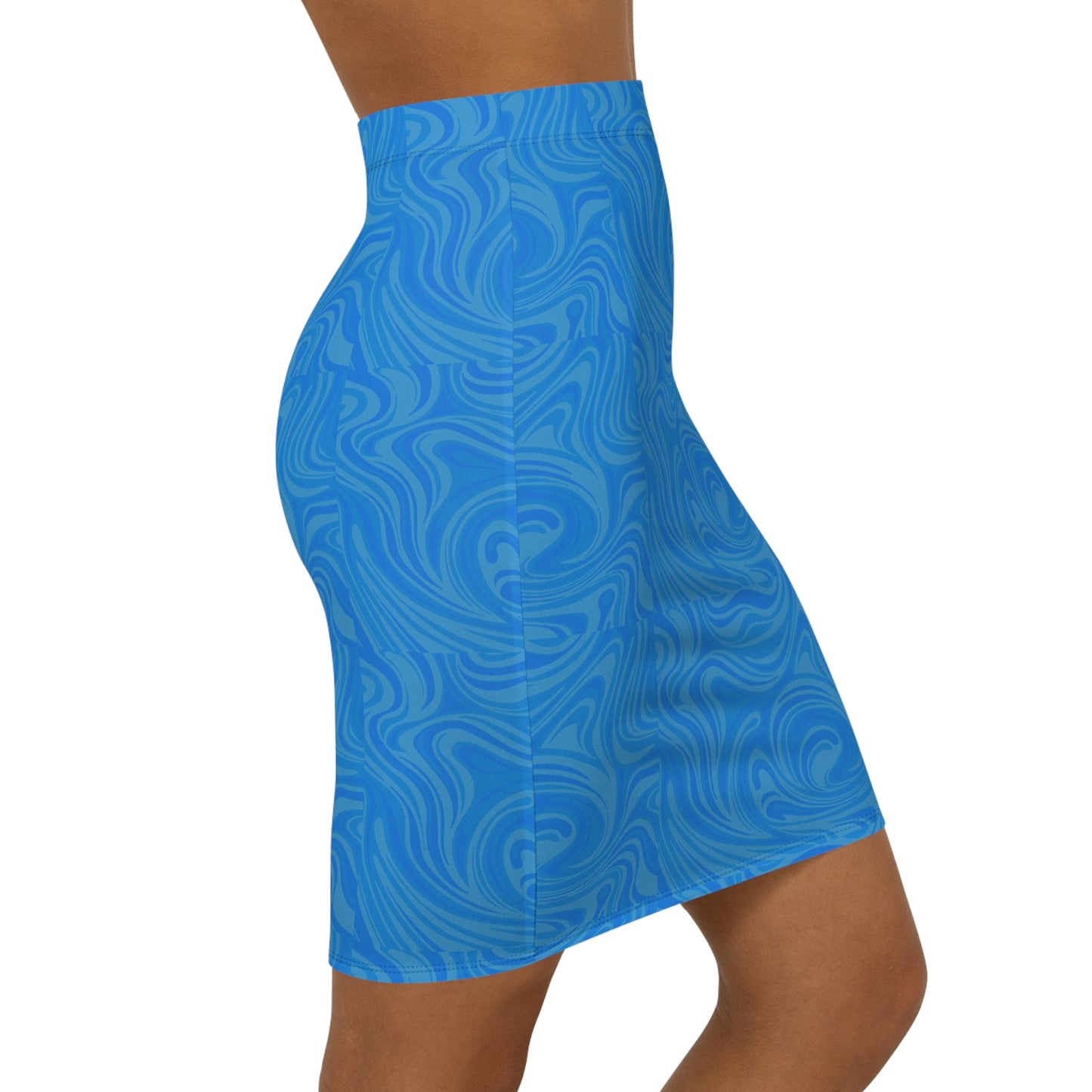 Blue Swirl Pencil Skirt — Women's Mid-Waist Retro Wave Print