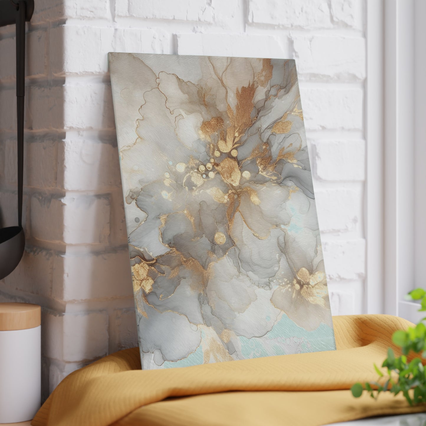 Glass Cutting Board - Elegant Gold & Mint Abstract Floral Tempered Glass Chopping Board