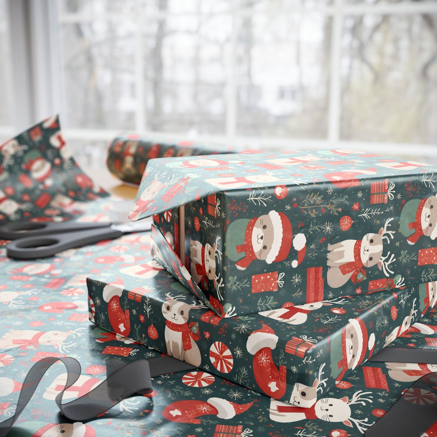 Christmas Wrapping Paper Roll — Cute Santa & Reindeer Pattern, Holiday Gift Wrap