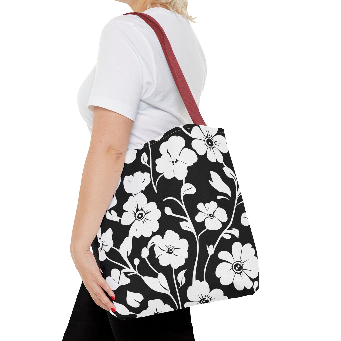 Elegant Floral Tote Bag, Black and White Tote, Eco-Friendly Shopping Bag