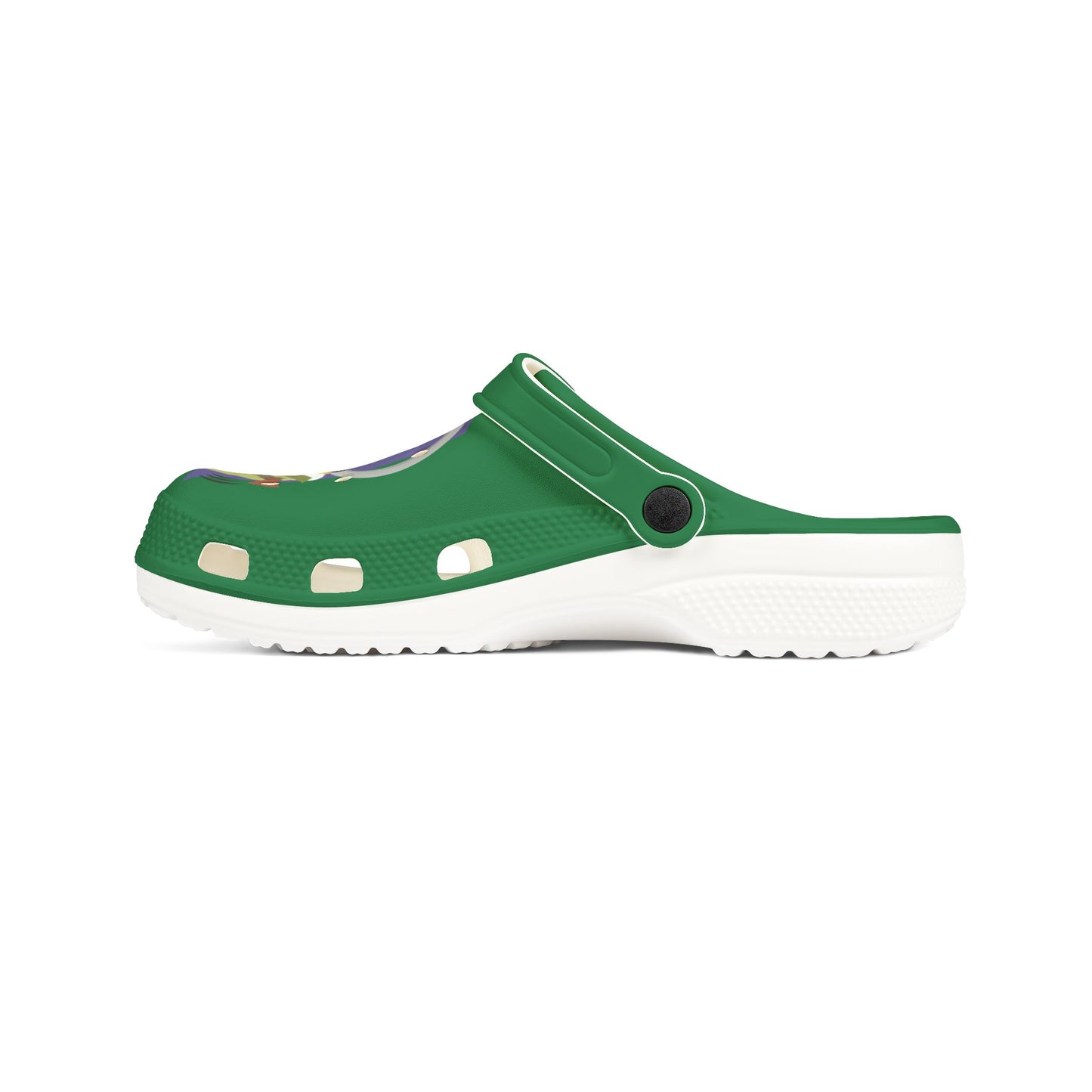 Green Foam Clogs with Cool Sunglasses Mug Graphic — Fun Casual Slip-On Shoes