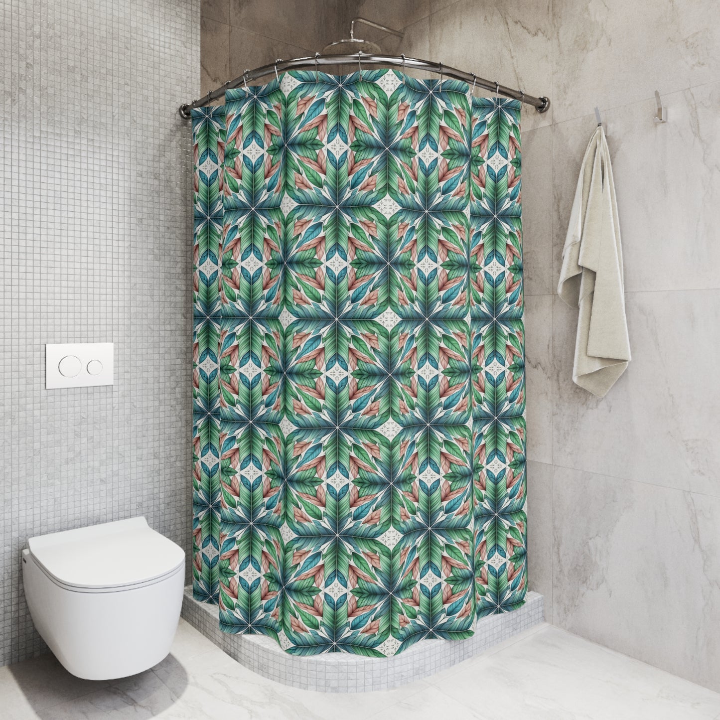 Botanical Kaleidoscope Shower Curtain — Green Leaf Geometric Bathroom Decor