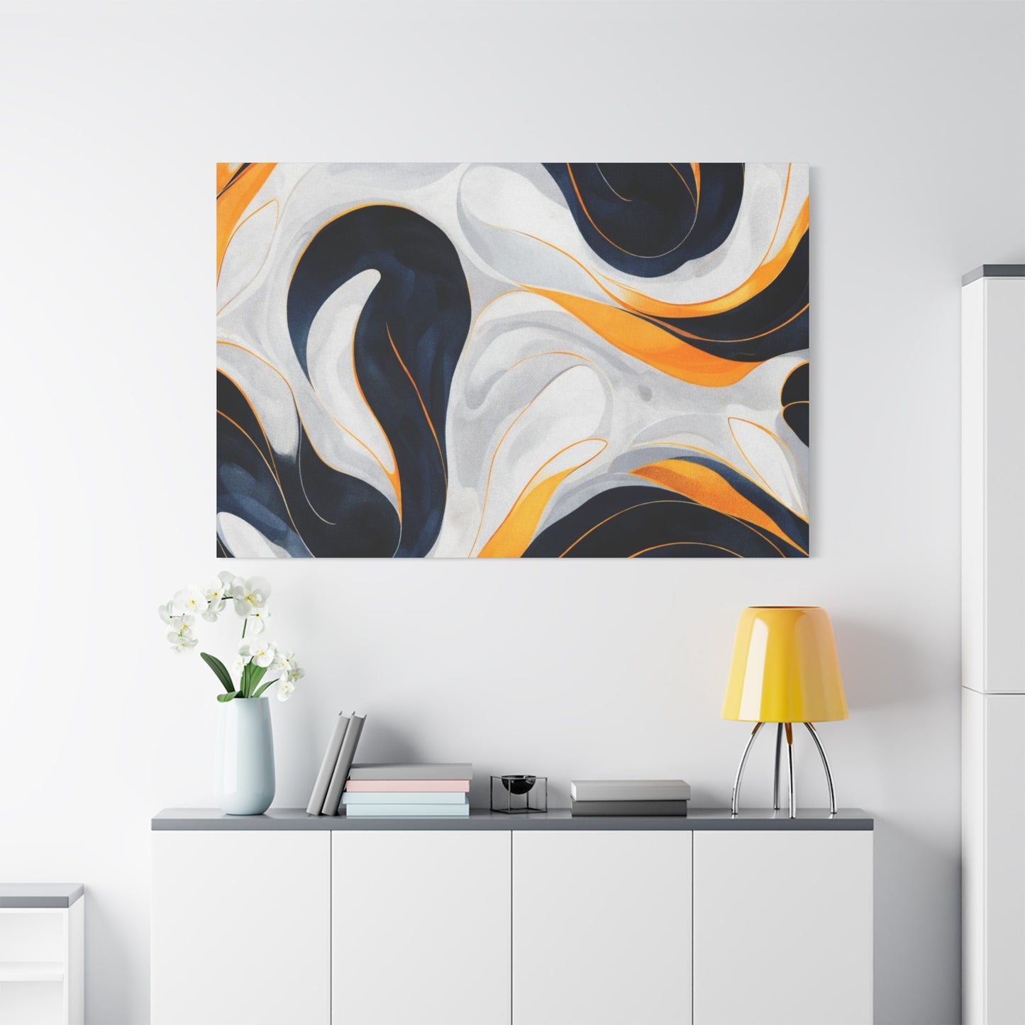 Abstract Fluid Art Matte Canvas Print — Navy, Gold & White Stretched Wall Art