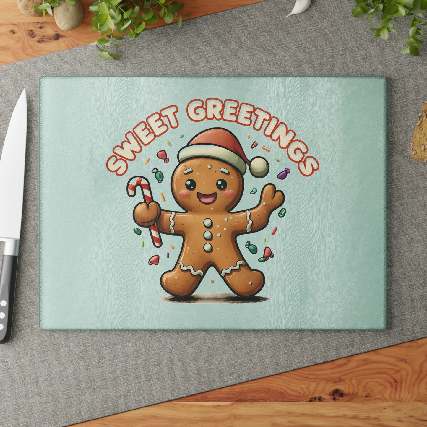 Gingerbread "Sweet Greetings" Glass Cutting Board — Festive Holiday Kitchen Decor