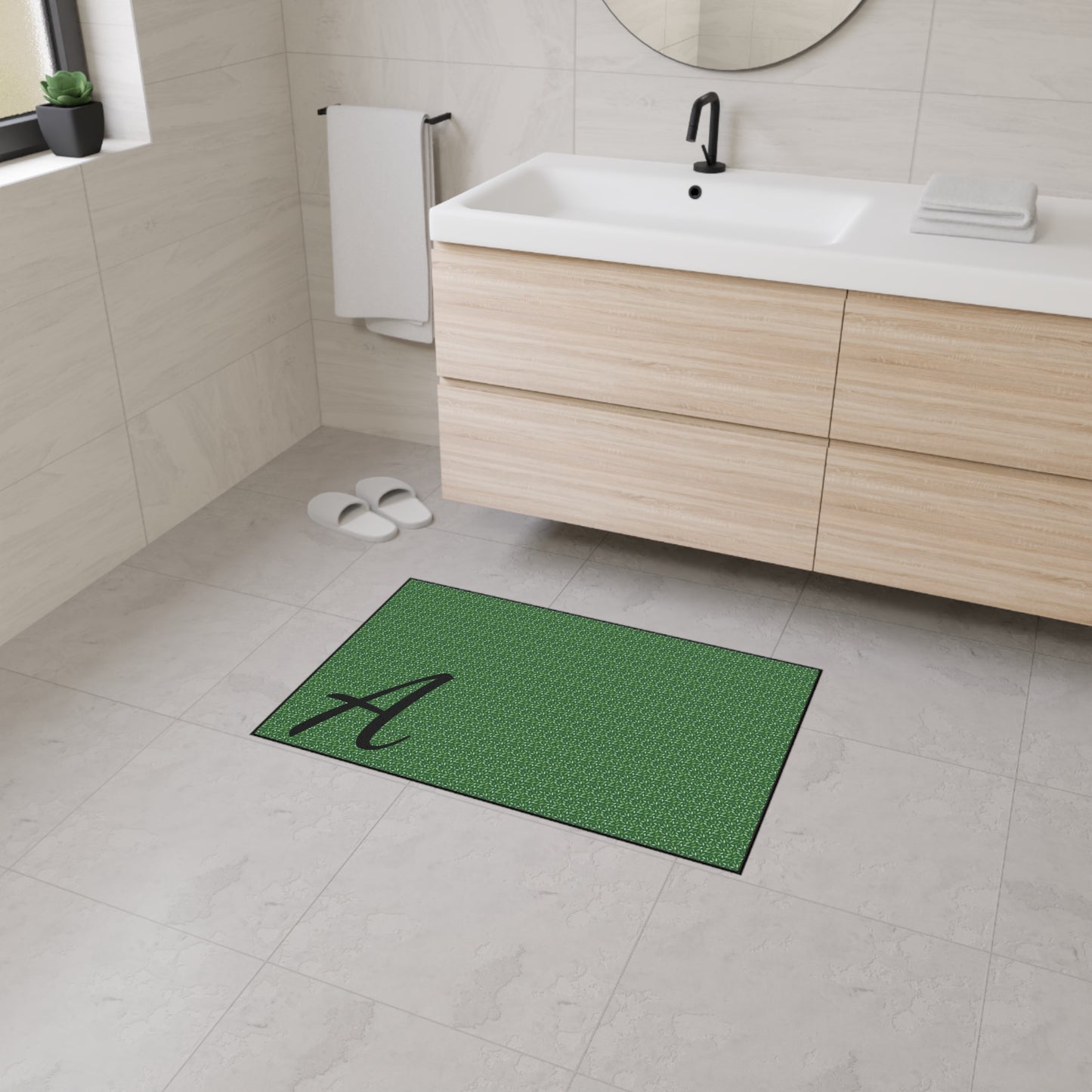 Monogram Heavy-Duty Floor Mat — Green Textured Doormat with Script "A"