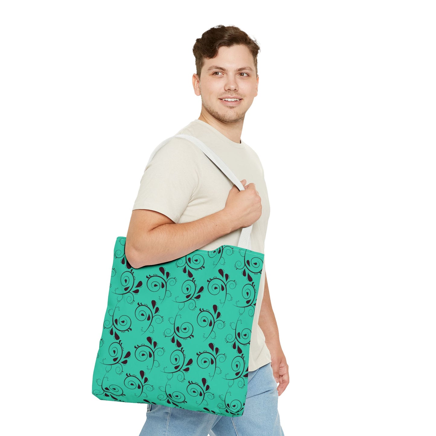 Turquoise Floral Swirl Tote Bag – All-Over Print Stylish Shopping Bag