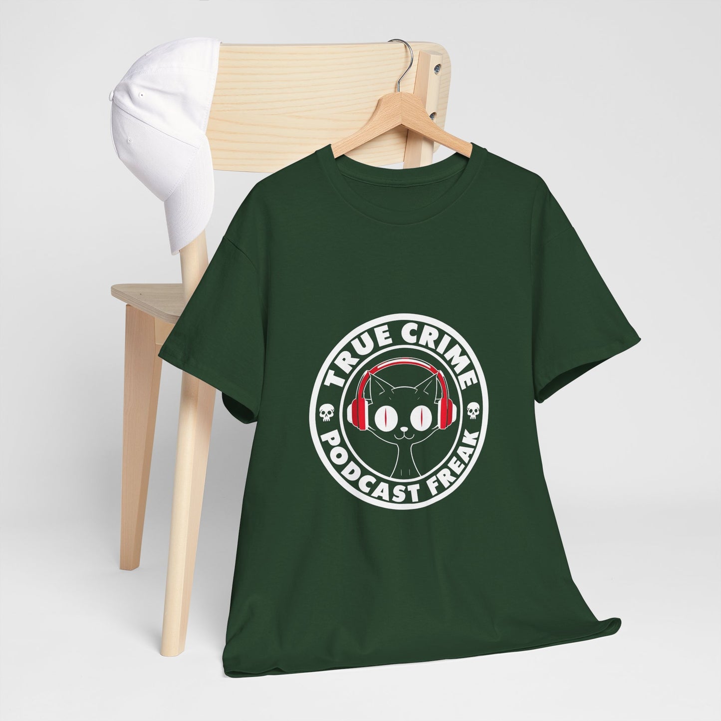 True Crime Podcast Tee — Cat with Headphones Logo