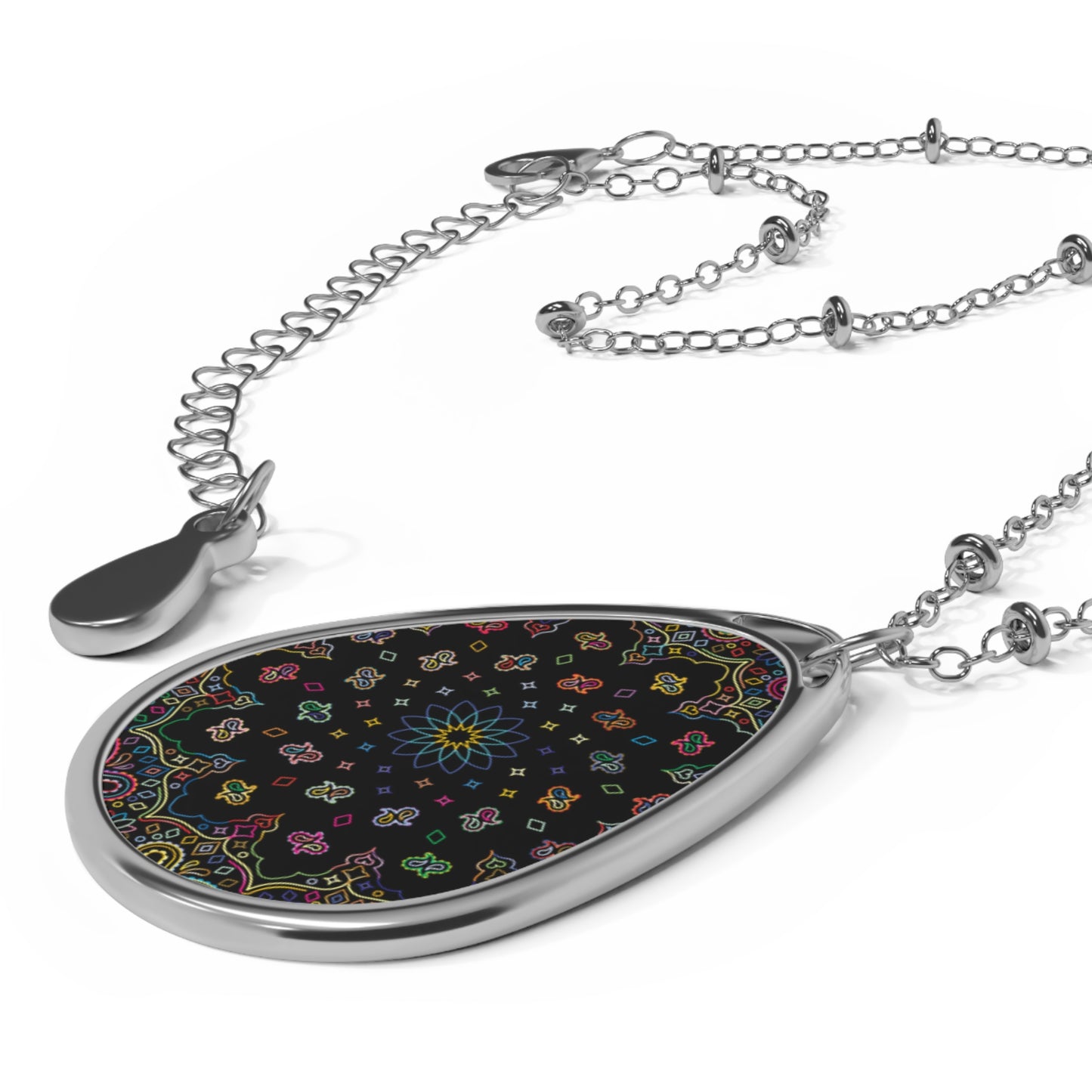 Vibrant Boho Oval Necklace, Colorful Floral Pendant