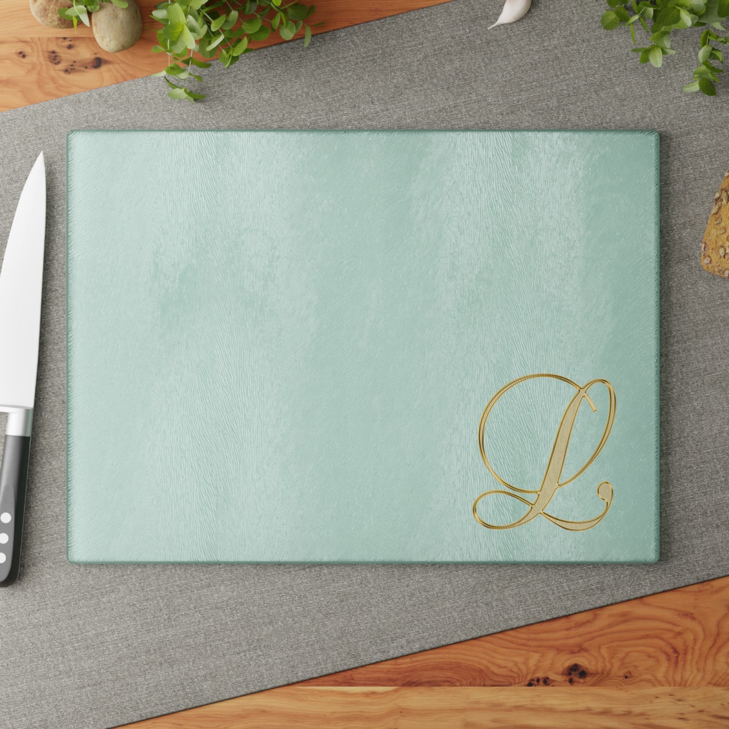 Monogram Glass Cutting Board – Mint with Gold Script 'L'