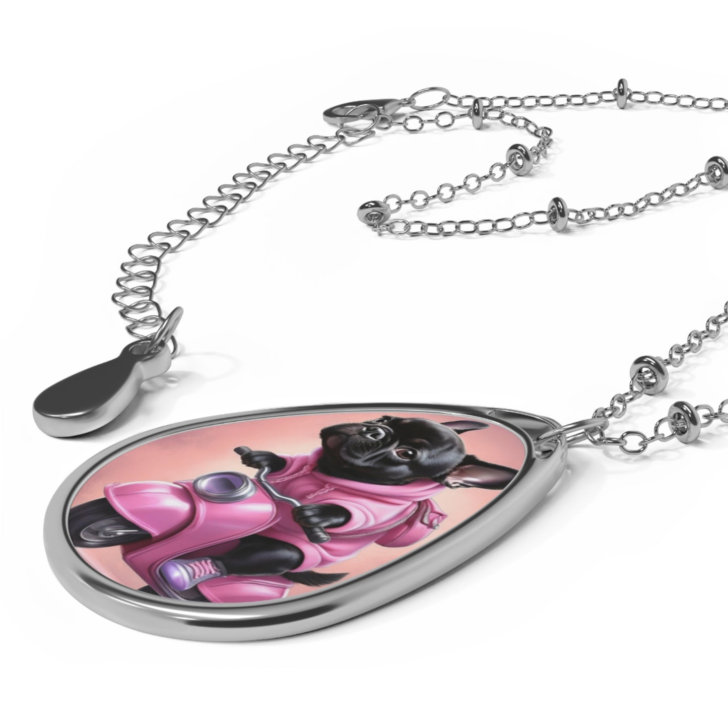 Vintage Dog Lover's Oval Necklace, Pet Jewelry, Gift for Dog Mom, Pink French Bulldog Pendant, Animal Lover Necklace, Cute Pet Accessory