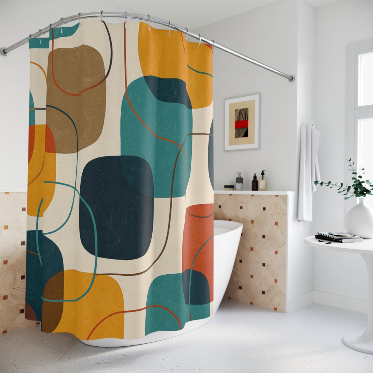 Mid-Century Abstract Shower Curtain — Retro Geometric Bathroom Decor