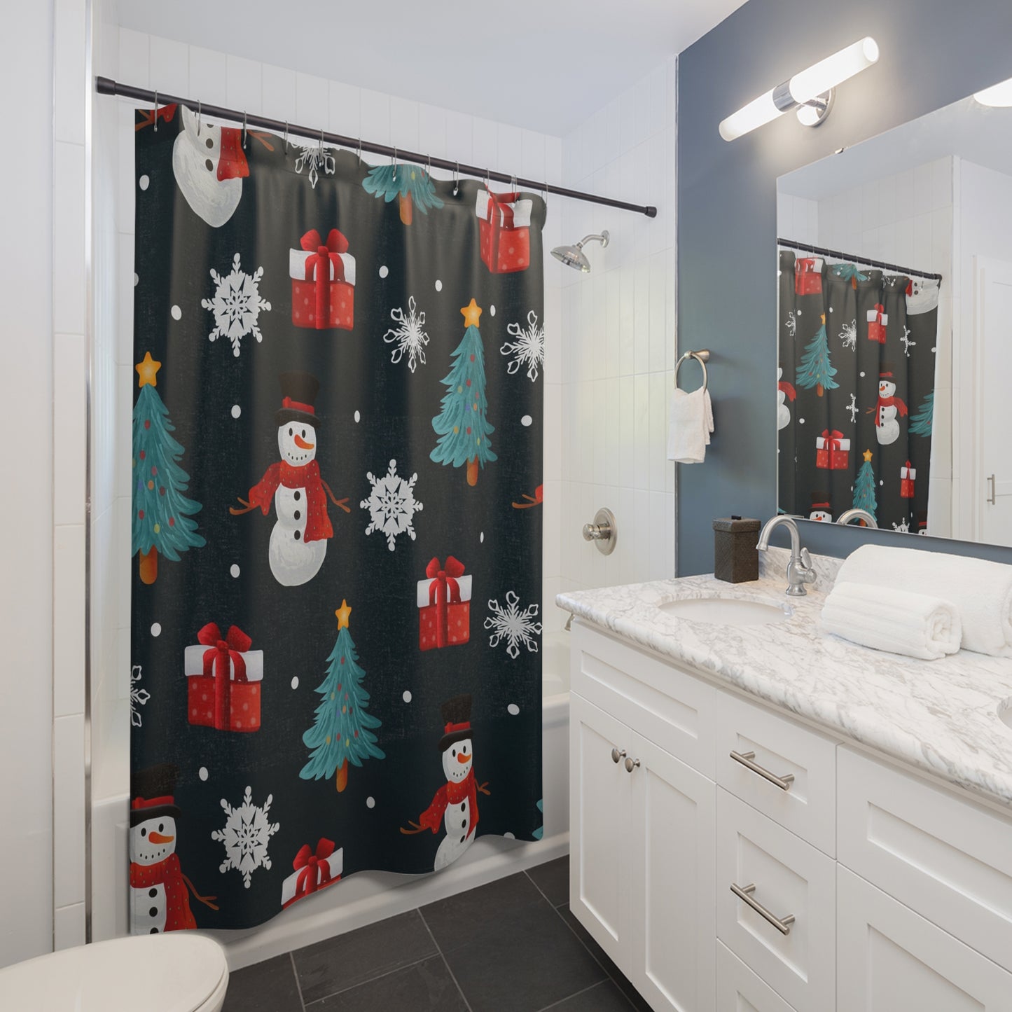 Festive Holiday Shower Curtain, Christmas Decor, Winter Wonderland Bathroom, Snowman Gift Pattern, Holiday Cheer