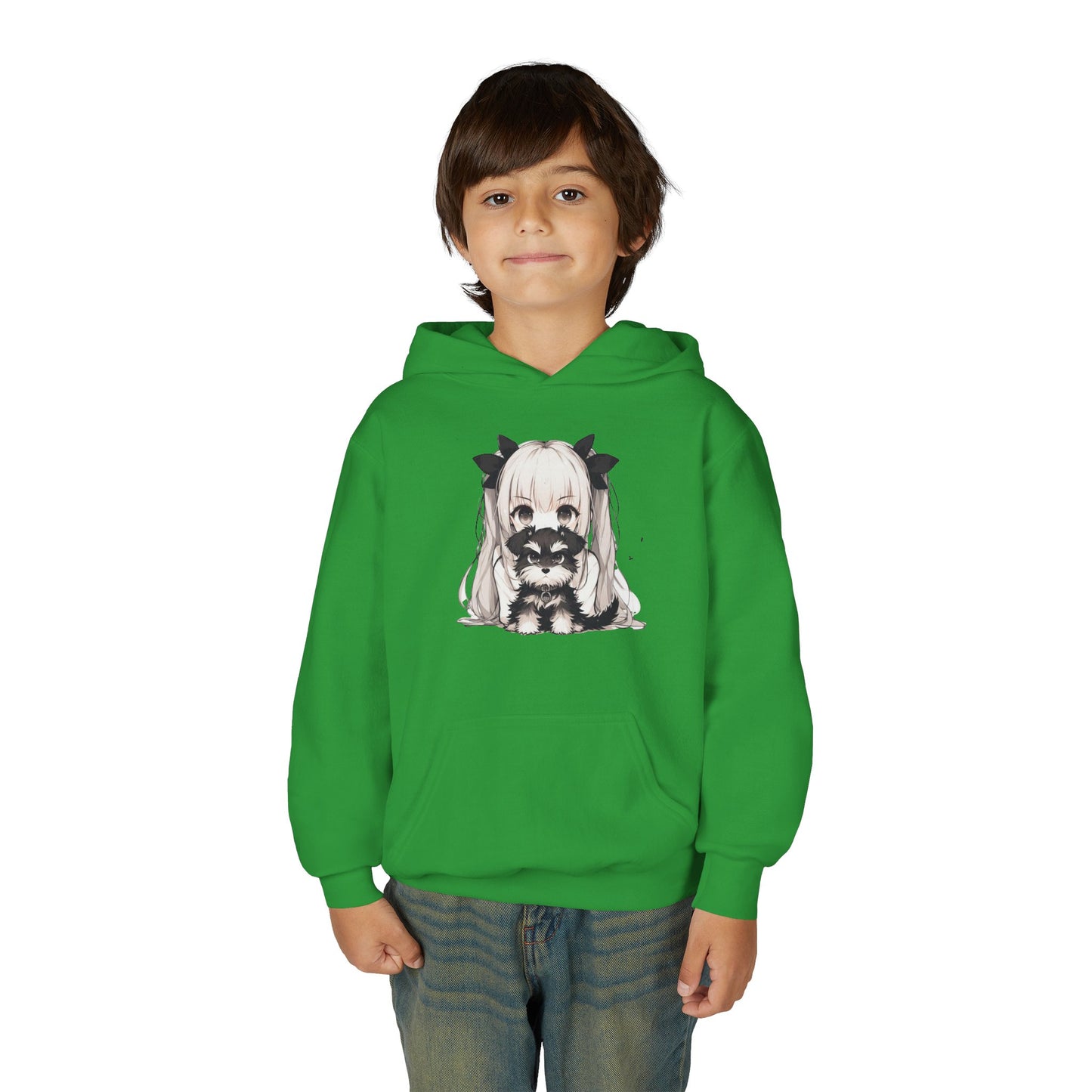Cute Anime Girl & Puppy Youth Hoodie — Kawaii Kids Pullover for Anime Fans