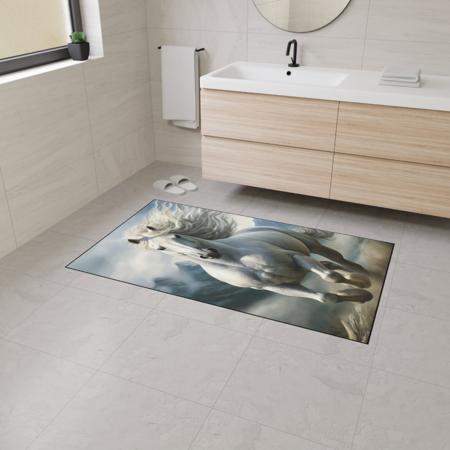 Majestic White Horse Heavy-Duty Floor Mat — Running Stallion Rug for Entryway & Stable
