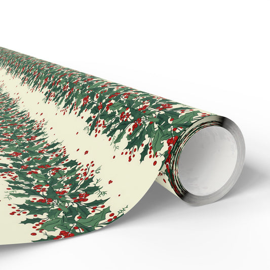 Wrapping Paper Roll — Festive Green Wreath & Red Berry Holiday Wrap