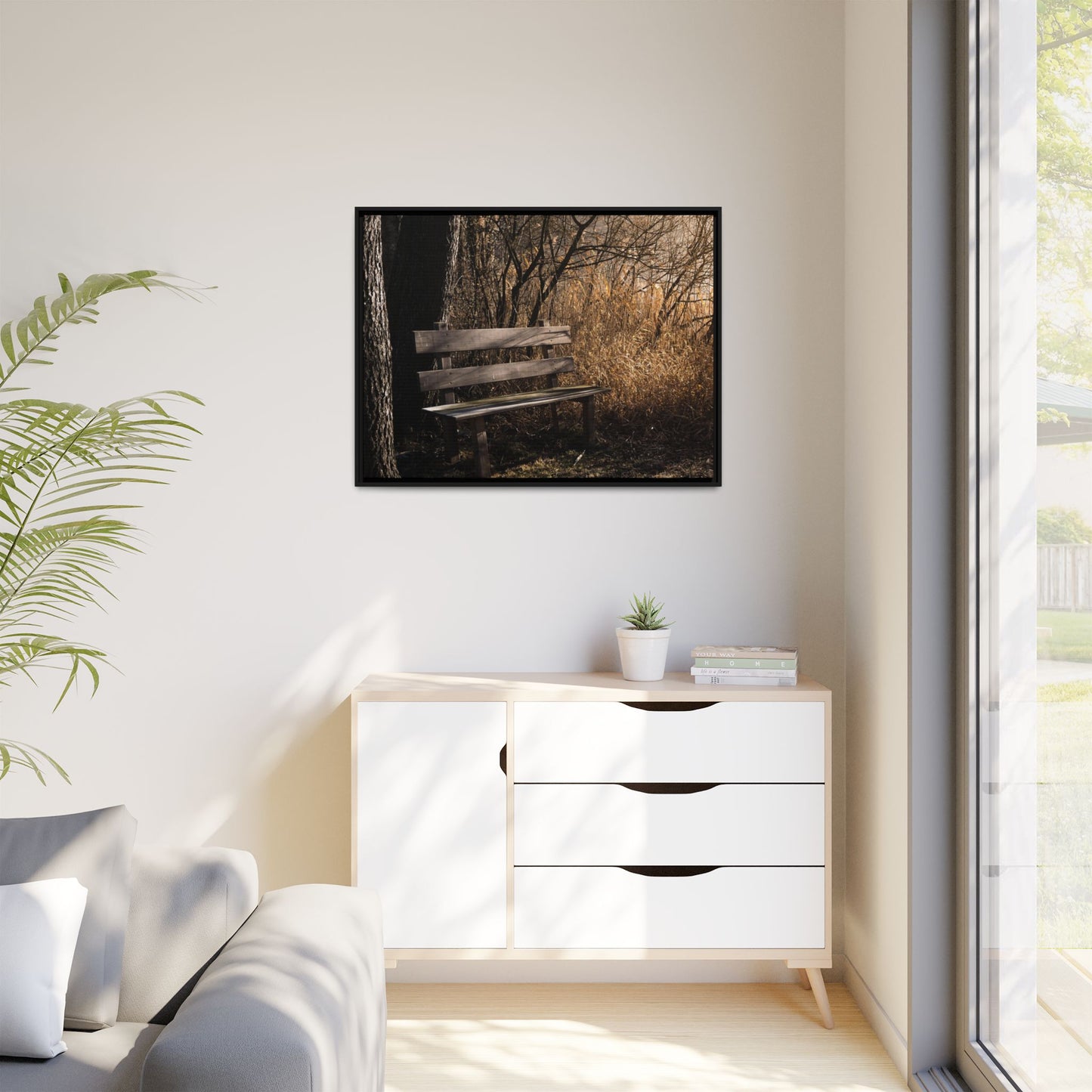 Framed Matte Canvas Print — Autumn Park Bench Photography