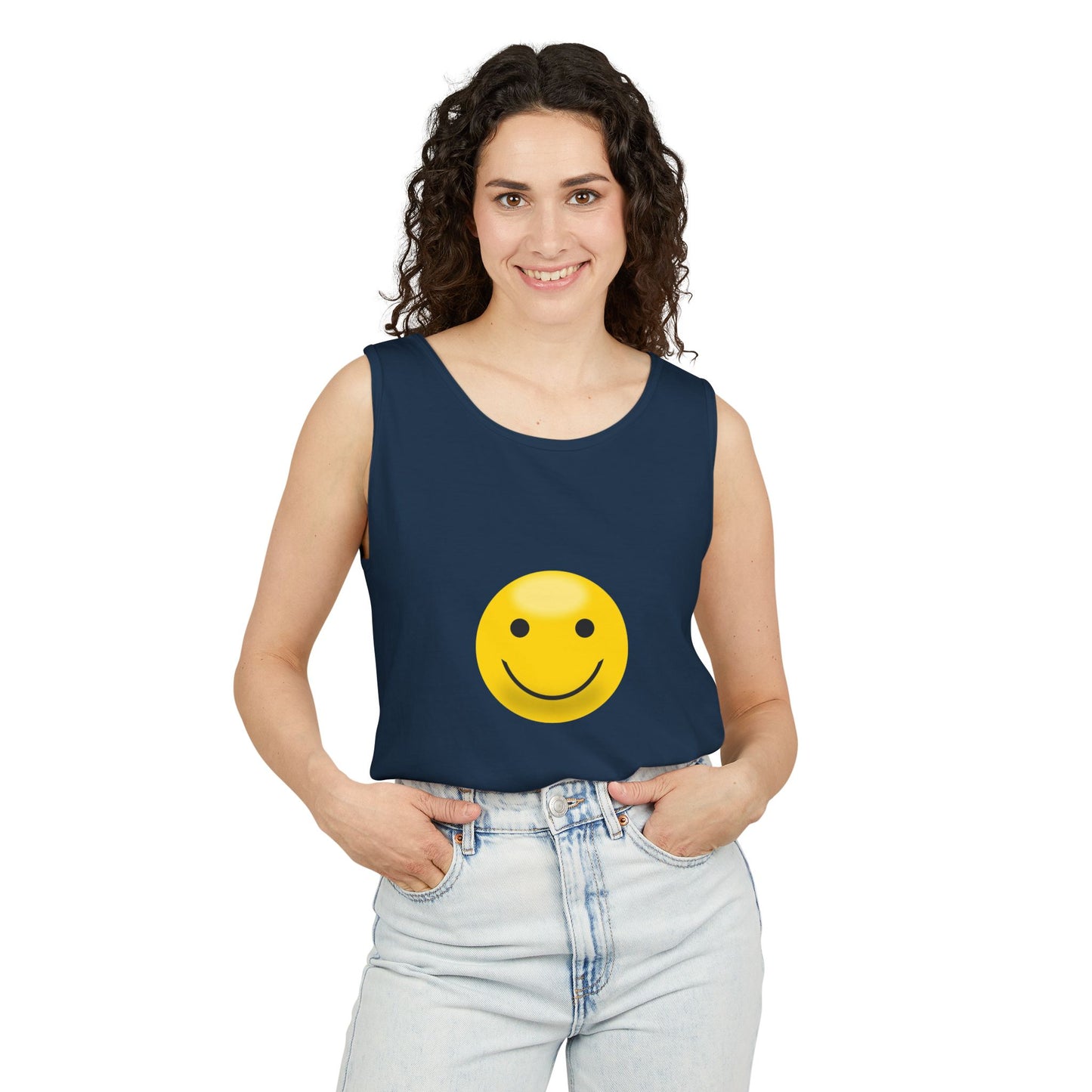 Smiley Face Tank Top, Summer Shirt, Casual Wear, Beach Outing, Gift for Friends, Positive Vibes Apparel