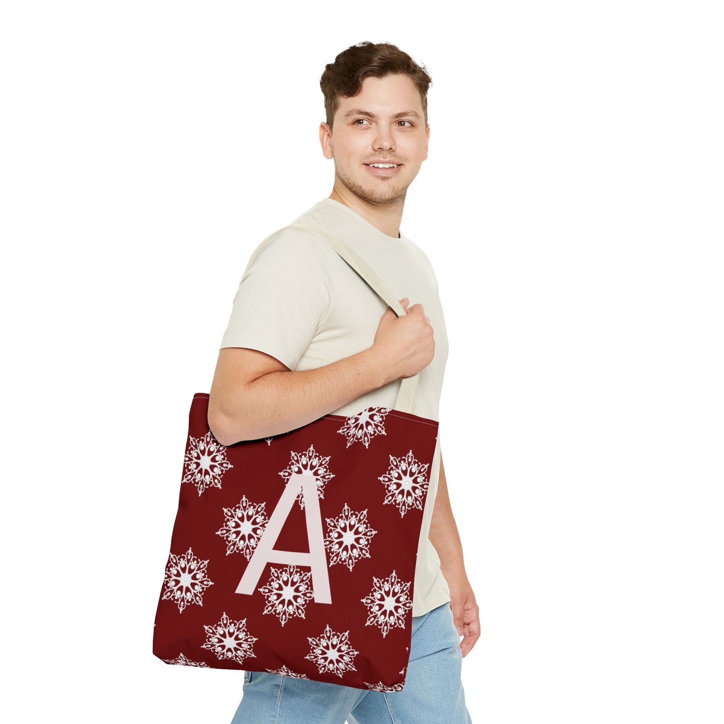 Monogram A Snowflake Tote Bag — Personalized Holiday AOP Tote