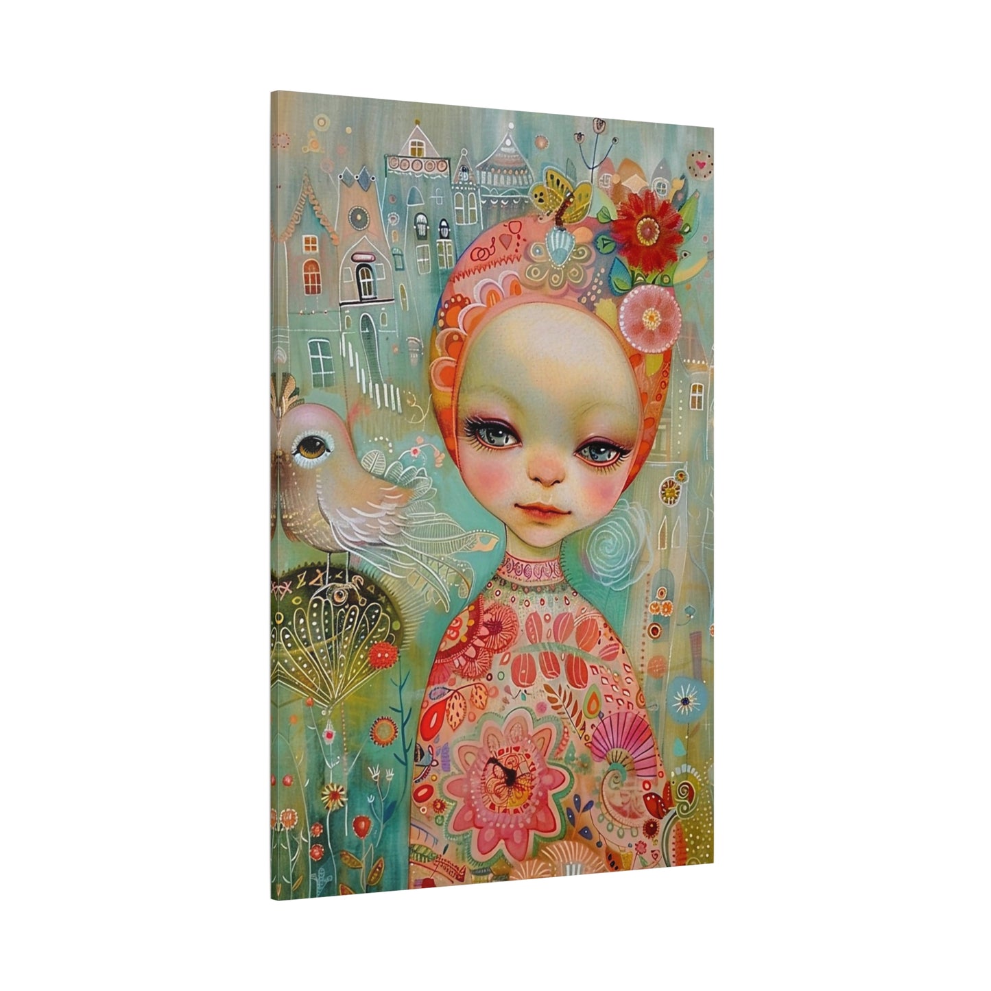 Whimsical Girl & Bird Matte Canvas Wall Art — Stretched Decorative Painting