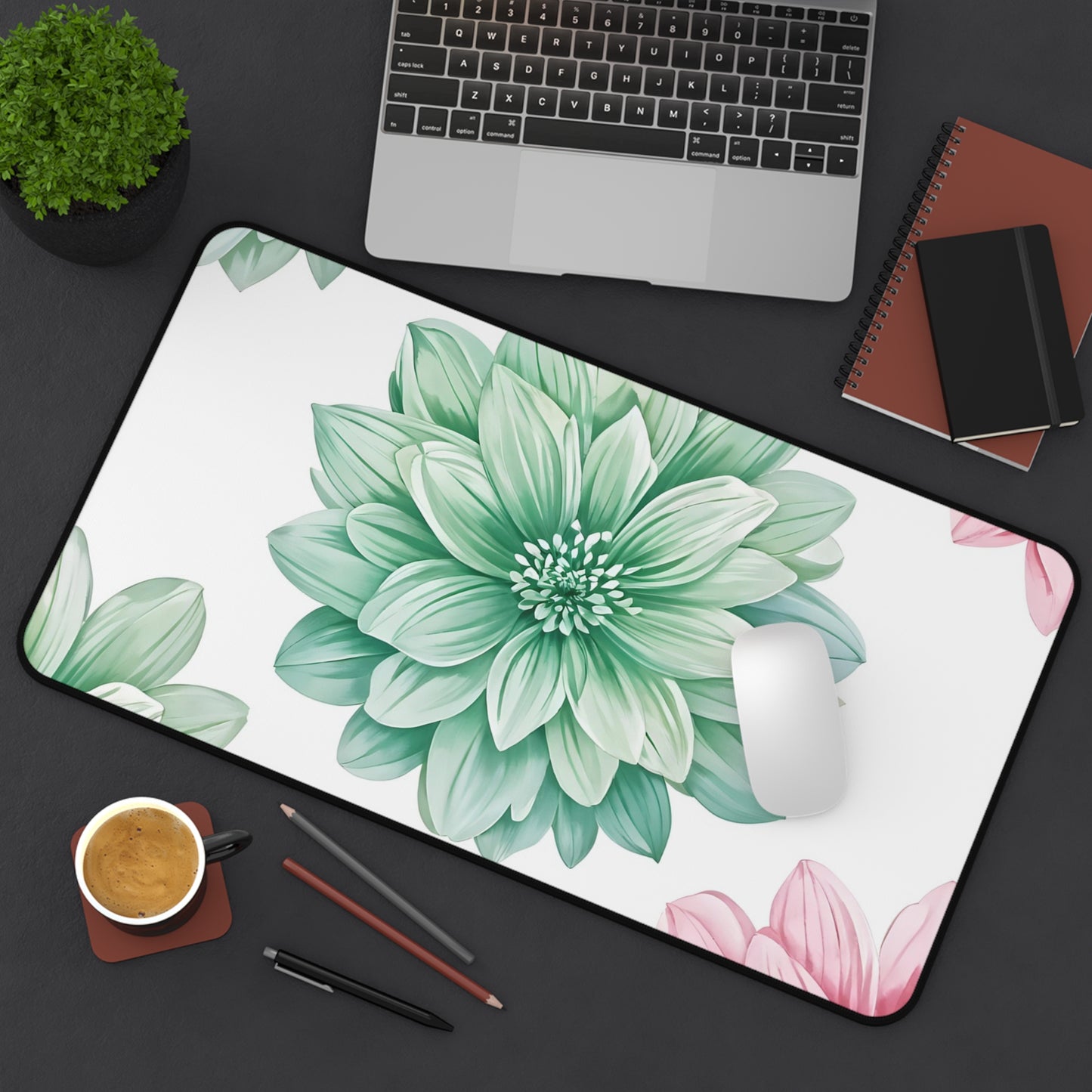 Floral Succulent Desk Mat — Green & Pink Botanical Mouse Pad