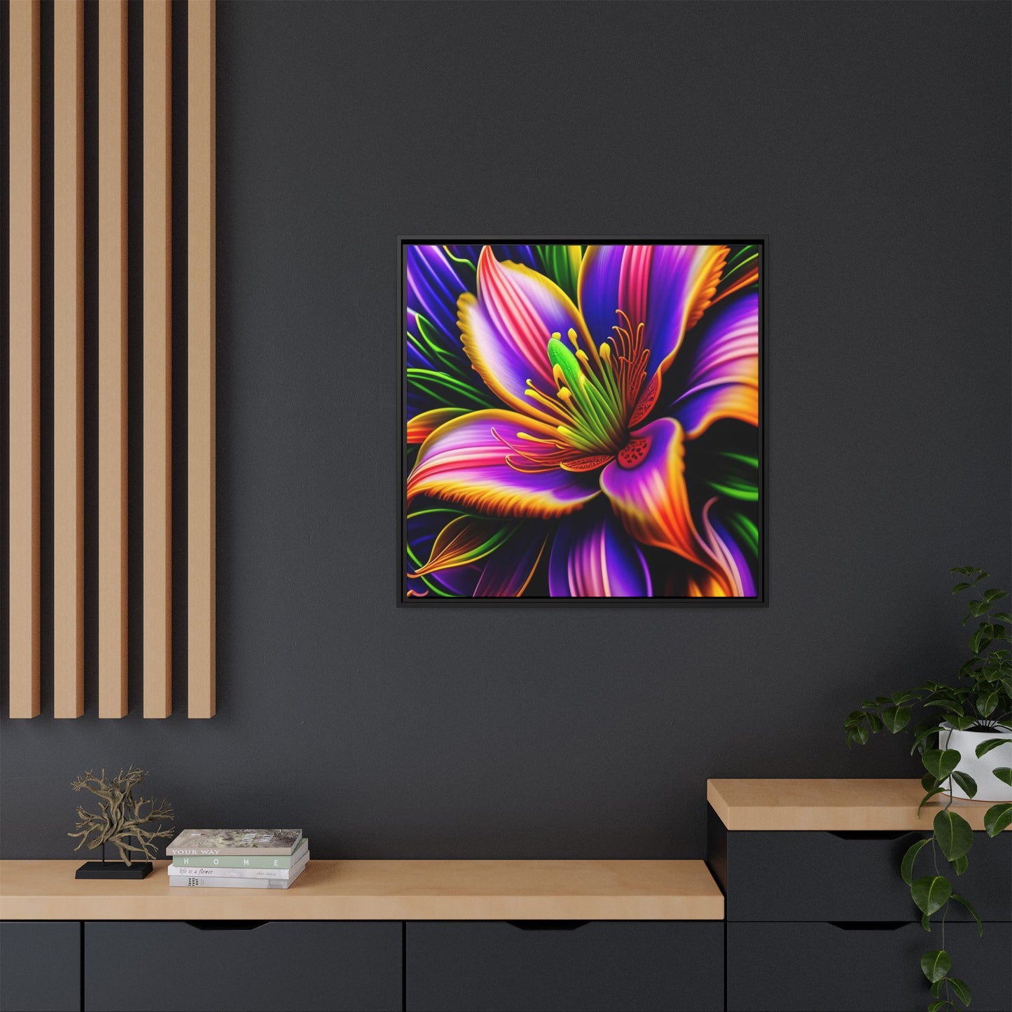 Vibrant Neon Floral Matte Canvas Print — Framed Wall Art