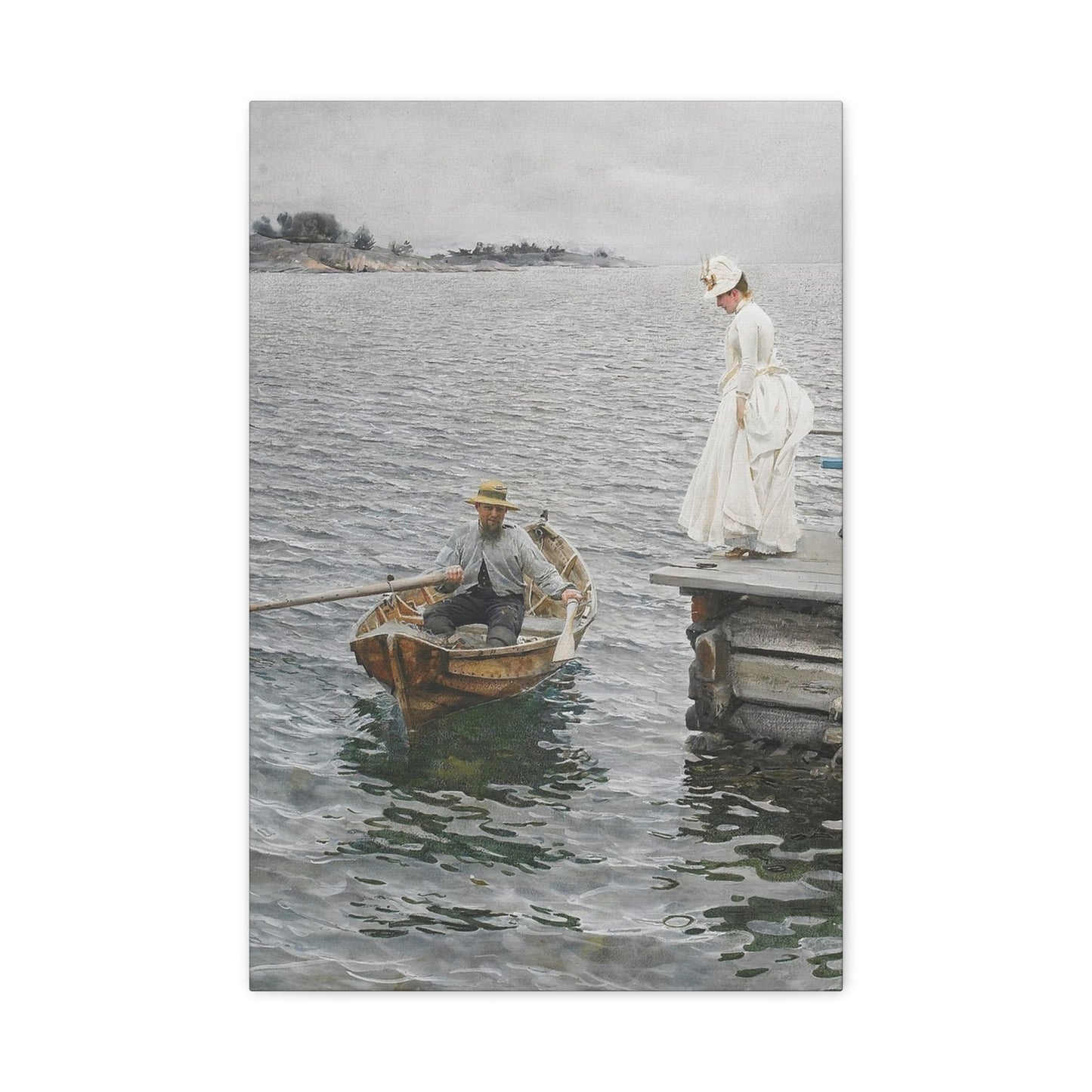 Seaside Stroll Canvas Print — Vintage Woman & Rowboat Matte Stretched Art 1.25"