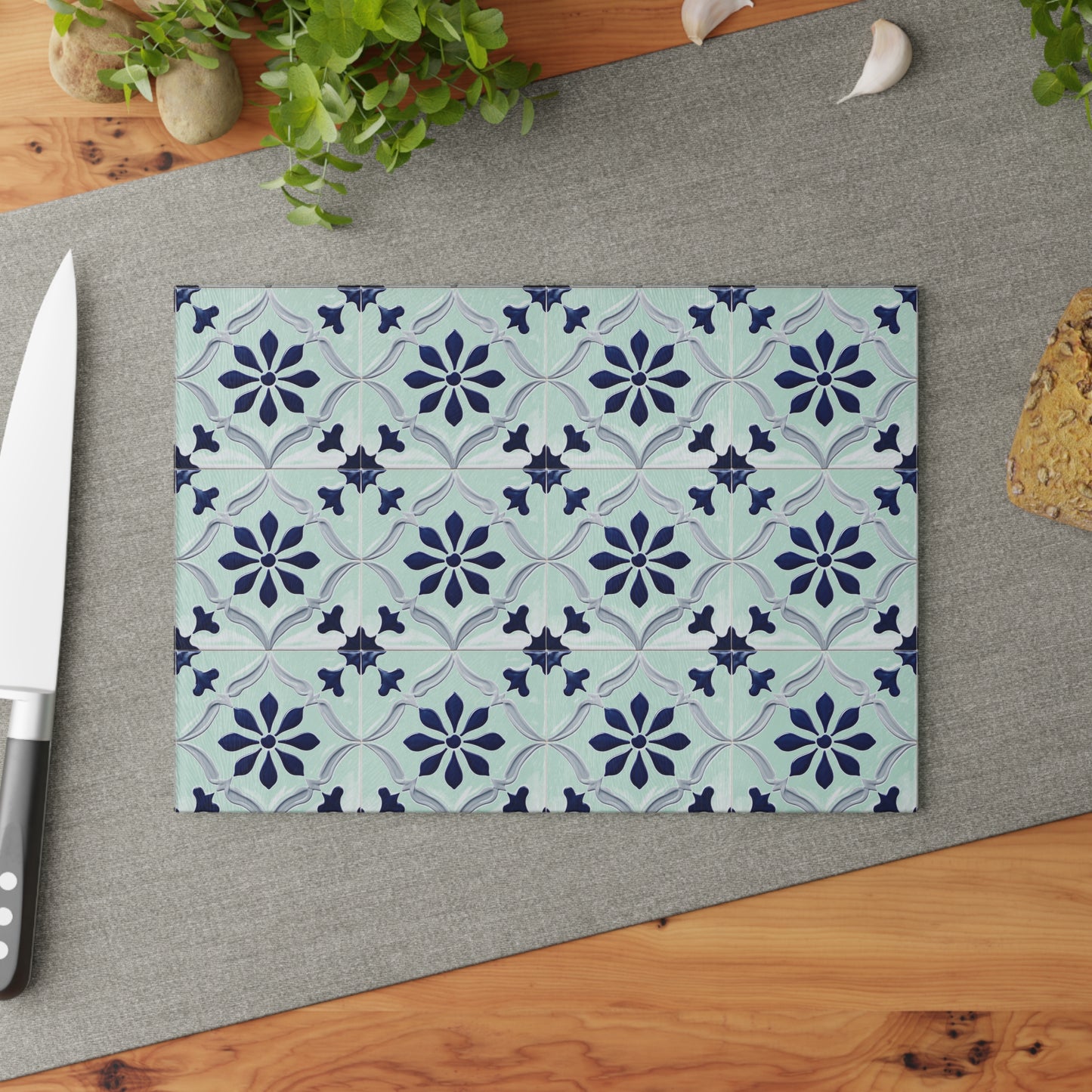 Floral Tile Glass Cutting Board — Blue Patterned Kitchen Trivet