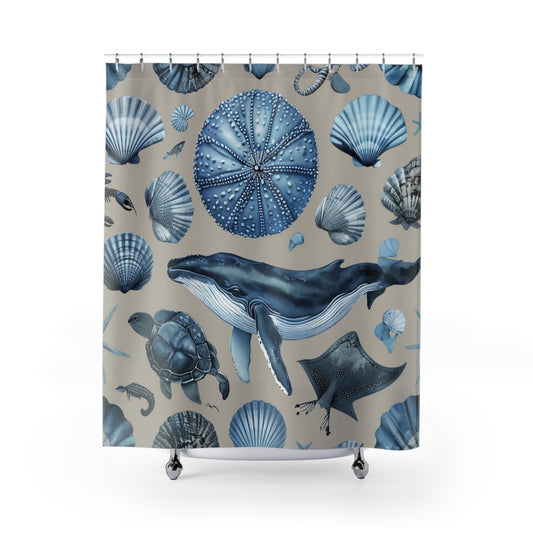 Coastal Blue Sea Life Shower Curtain — Whale, Seashell & Sea Urchin Ocean Bathroom Decor