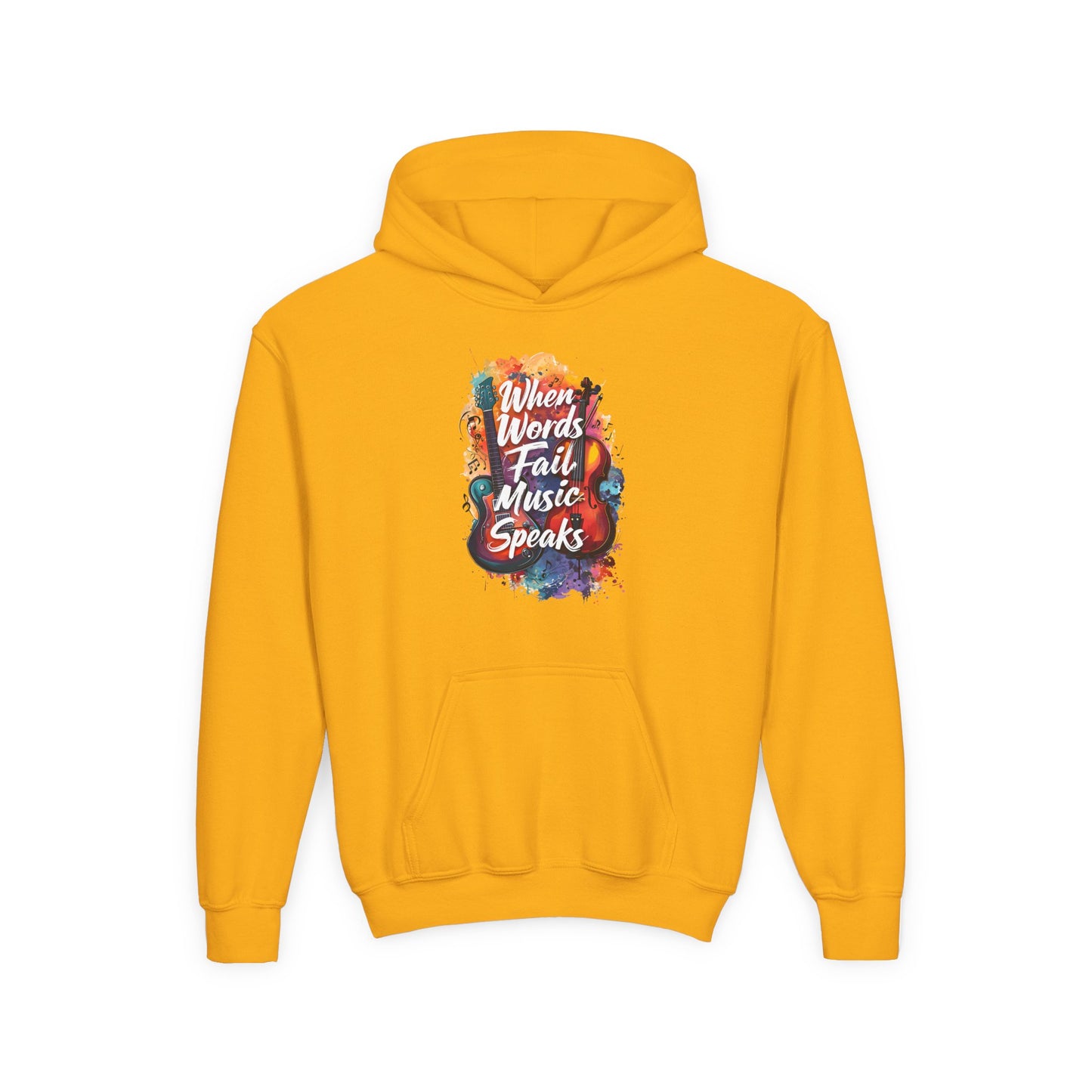 Youth Hoodie — "When Words Fail Music Speaks" Colorful Watercolor Design