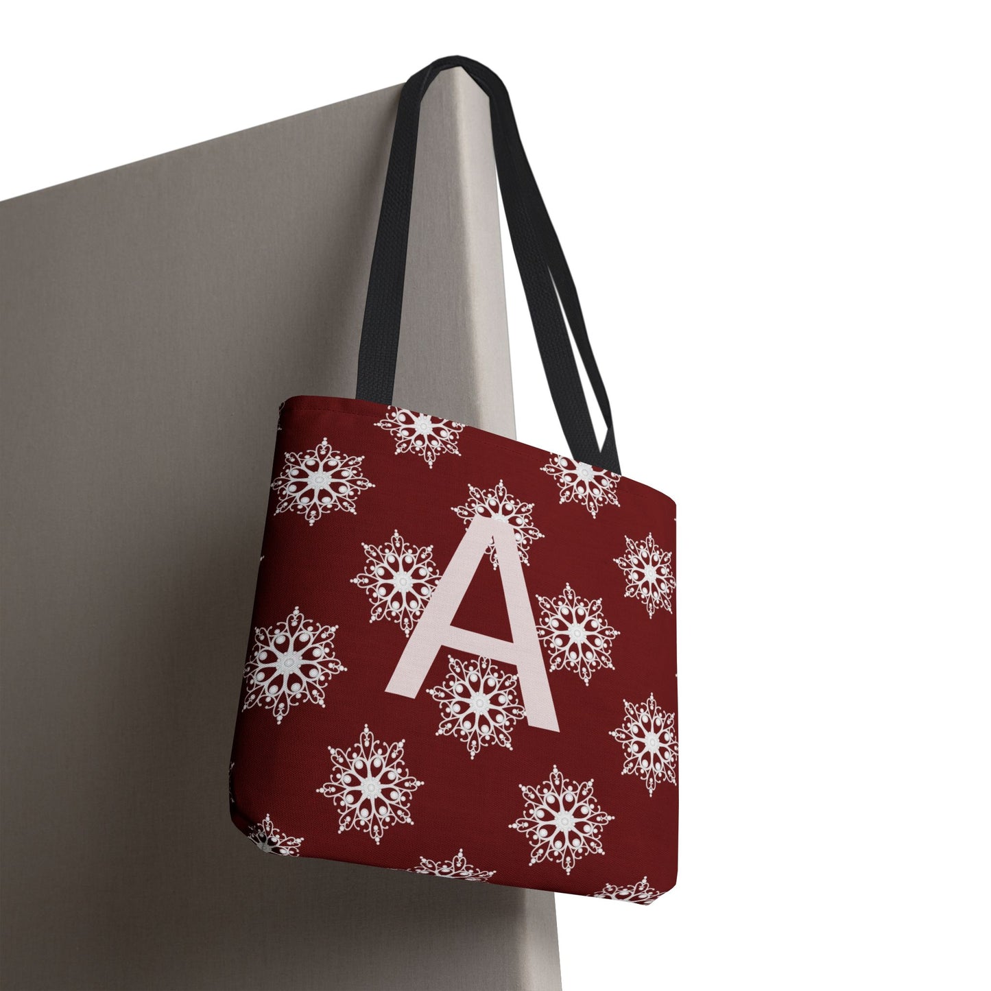 Monogram A Snowflake Tote Bag — Personalized Holiday AOP Tote