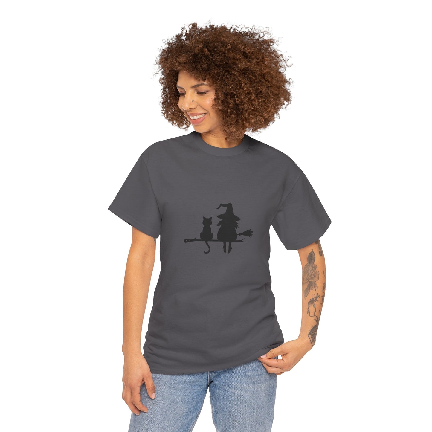 Witch and Cat Tee | Spooky Unisex Shirt for Halloween | Cute Witchwear for Cat Lovers | Fall Wardrobe Essential | Gift for Magical Friends
