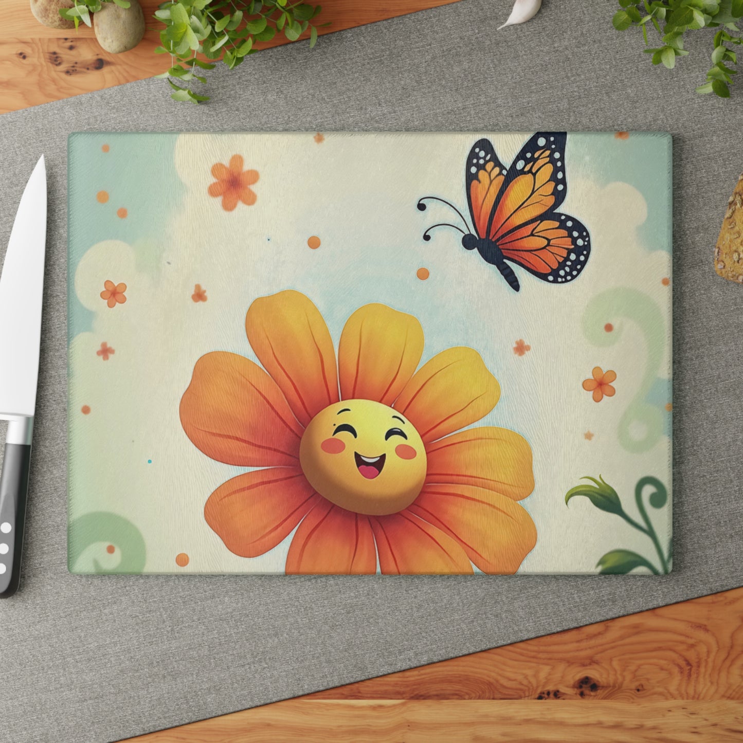 Cheerful Floral Glass Cutting Board, Kitchen Decor, Gift for Home, Cooking Accessory, Butterfly Artwork, Spring Inspired